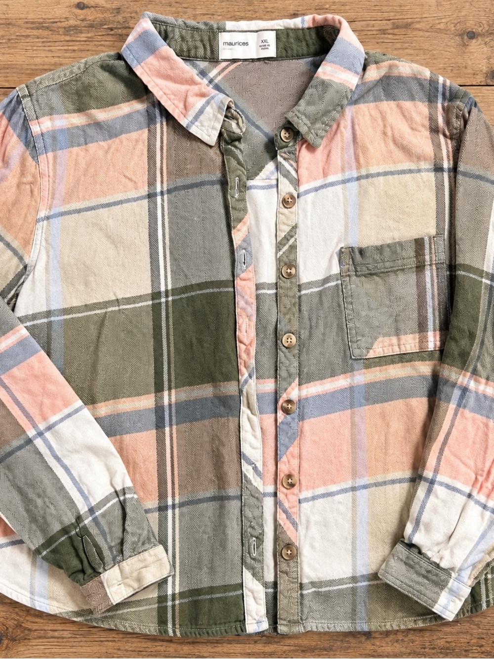 Maurices Plaid Button-Down Shirt in Olive, Peach & Cream